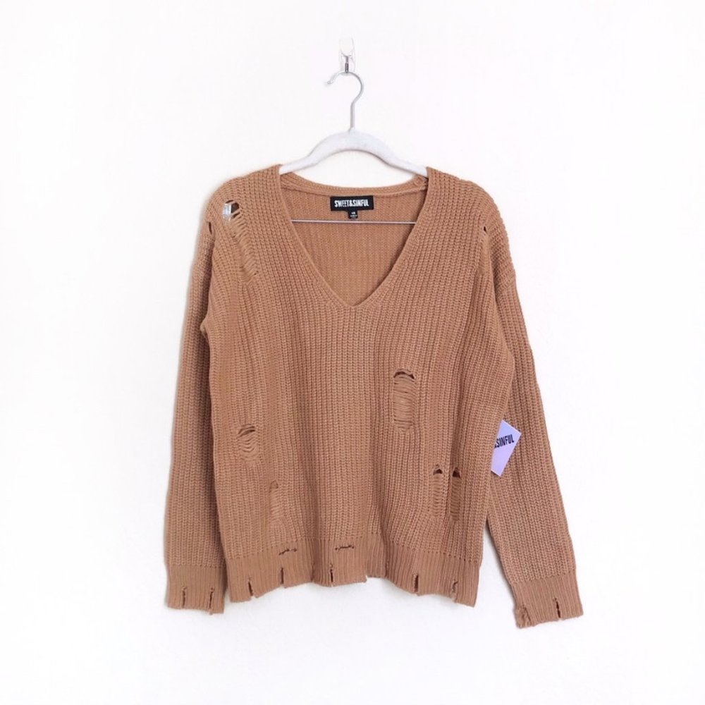 NWT Sweet & Sinful Tan Distressed V-neck Sweater